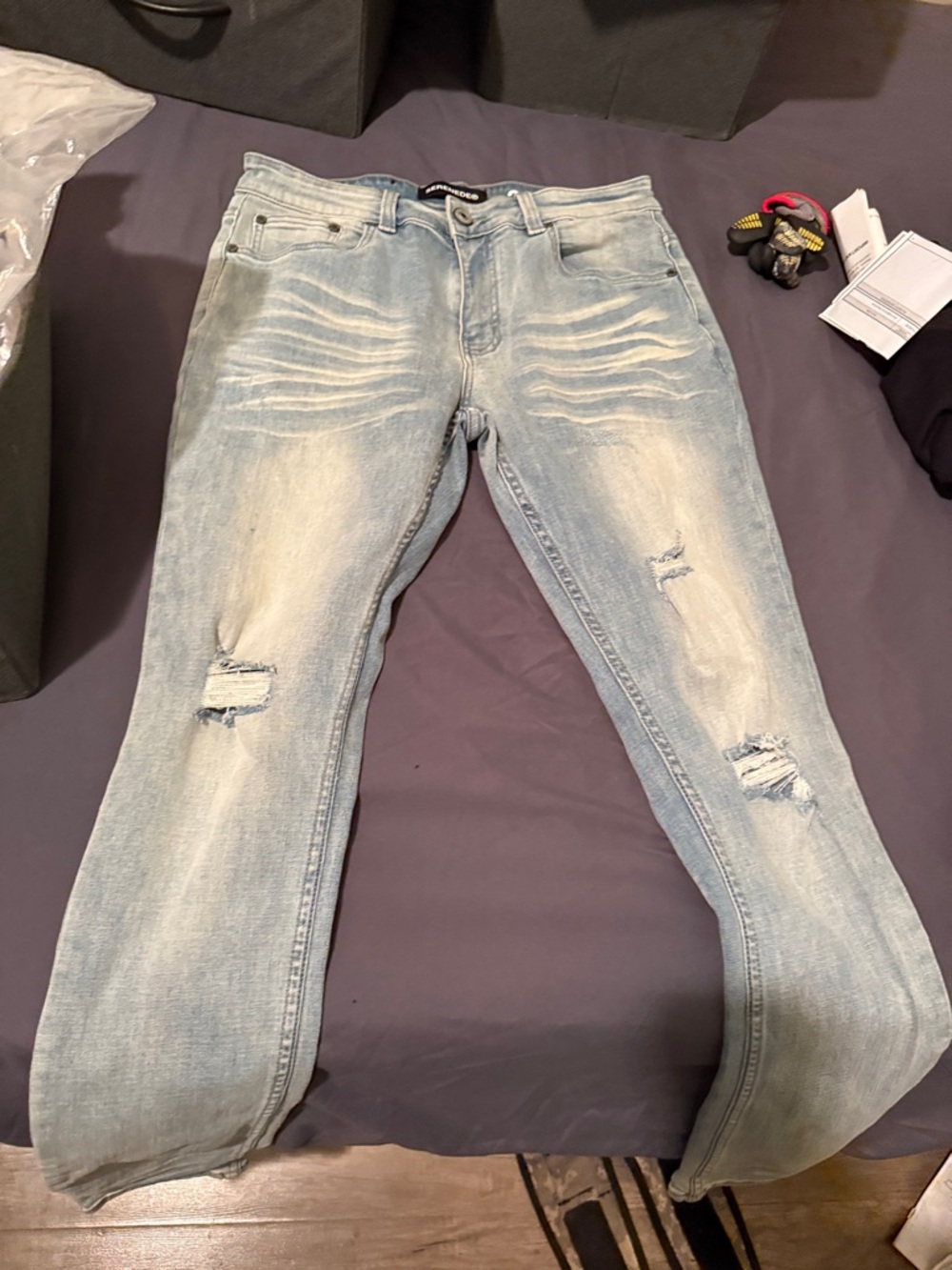 Men's Light Blue Skinny Jeans with Distressed Detail